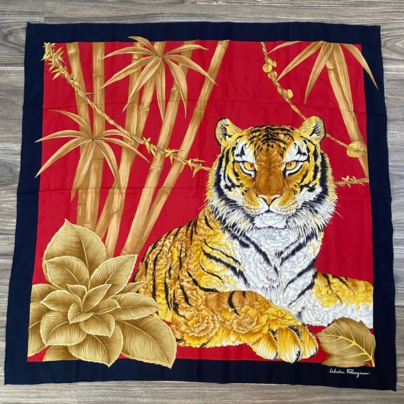 Salvatore Ferragamo Accessories - Vintage Salvatore Ferragamo Tiger Floral Square Silk Scarf